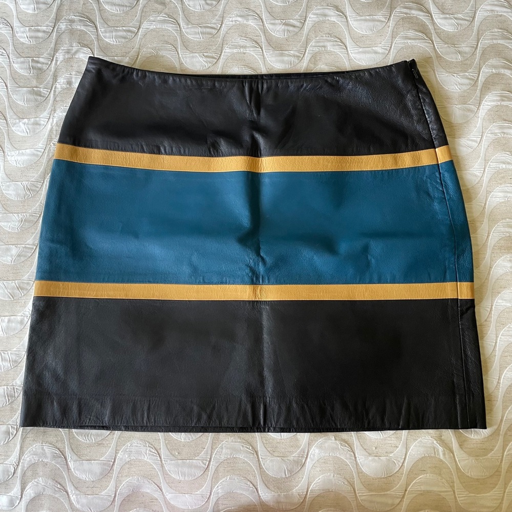 Anne Klein Womens Black Teal Mustard Colorblock Genuine Leather Mini Skirt 14